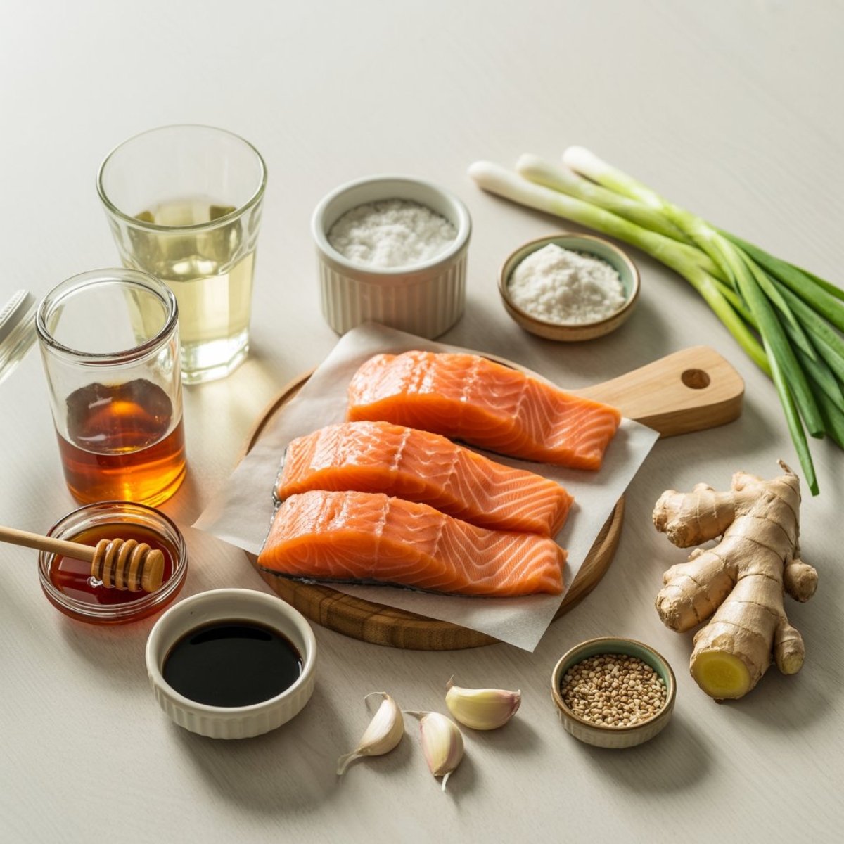 Sweet and spicy honey sriracha salmon fillets with glaze and garnish on white counter.