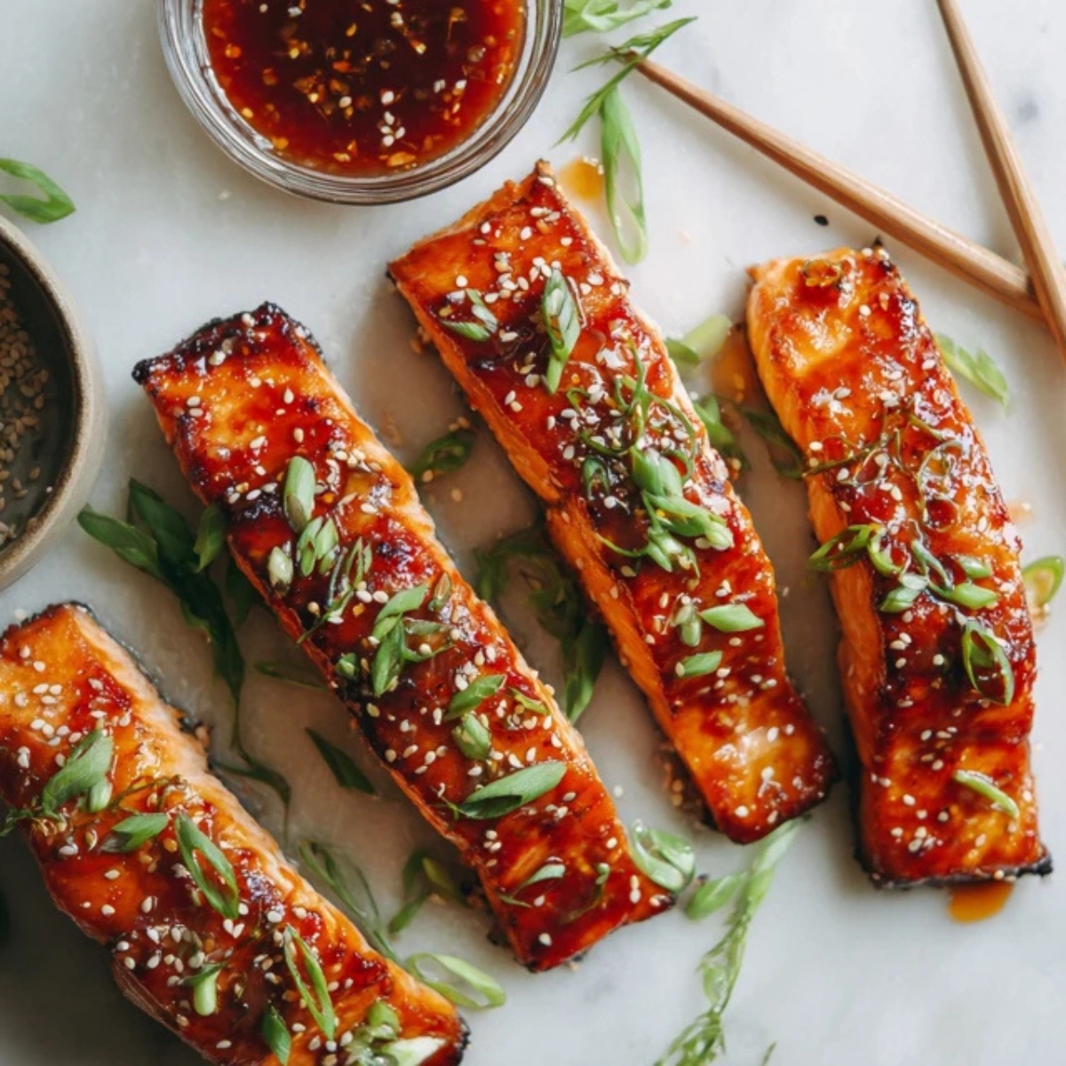 Flat lay of honey sriracha salmon ingredients on a white counter.