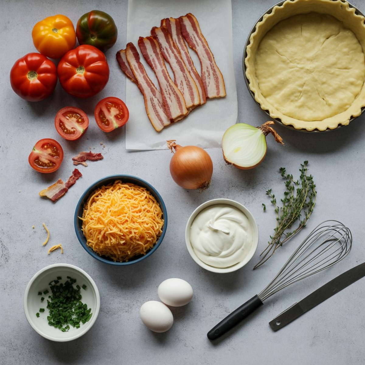 bacon onion tomato pie ingredients on white kitchen counter