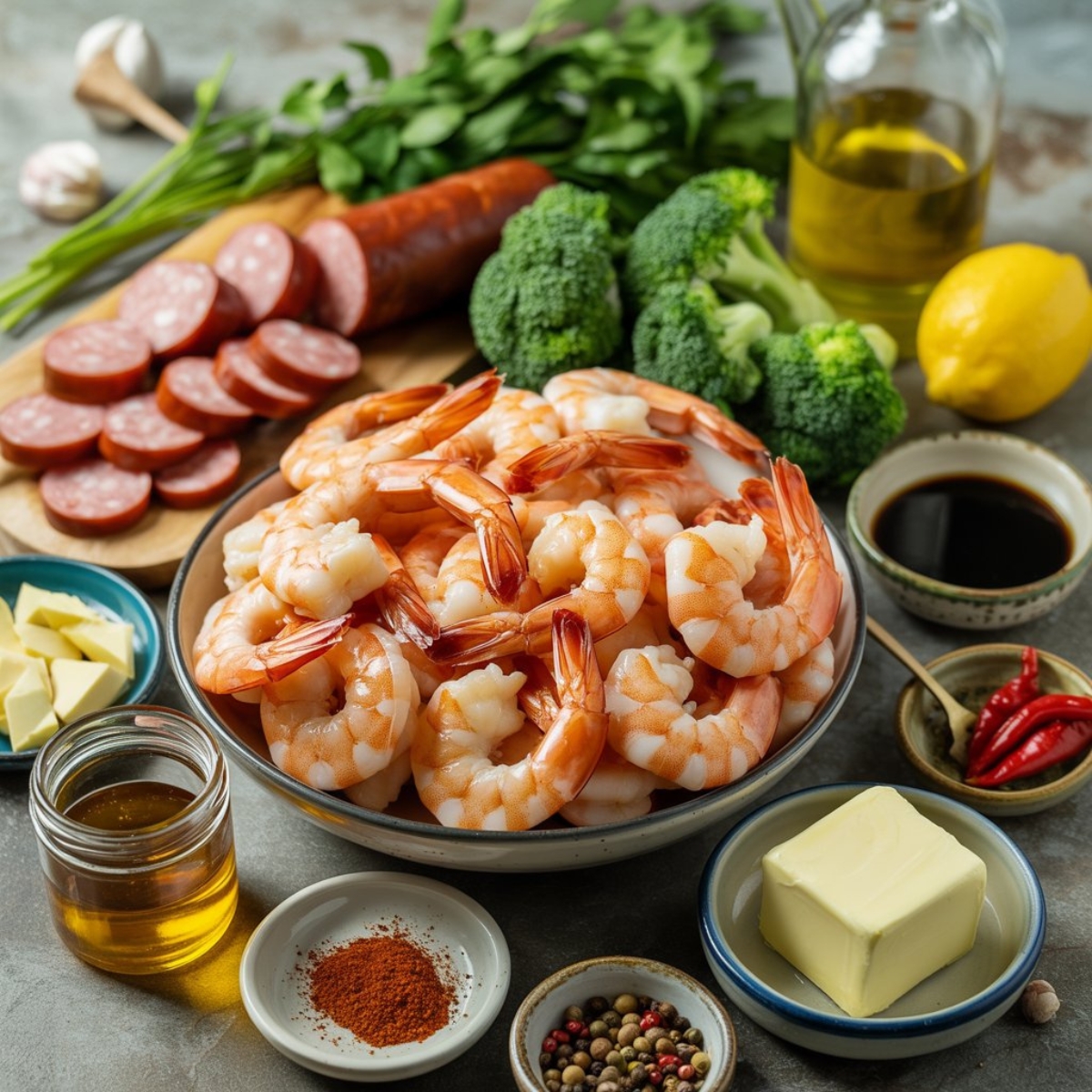 a bowl of shrimp and sausage on a table