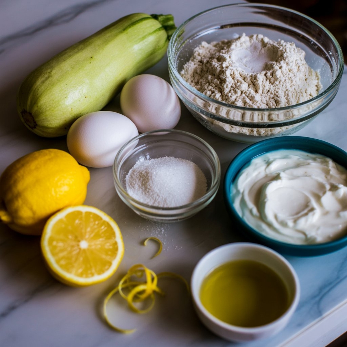 lemon zucchini bread ingredients flat lay on white counter Description: All main ingredients for lemon zucchini bread displayed to