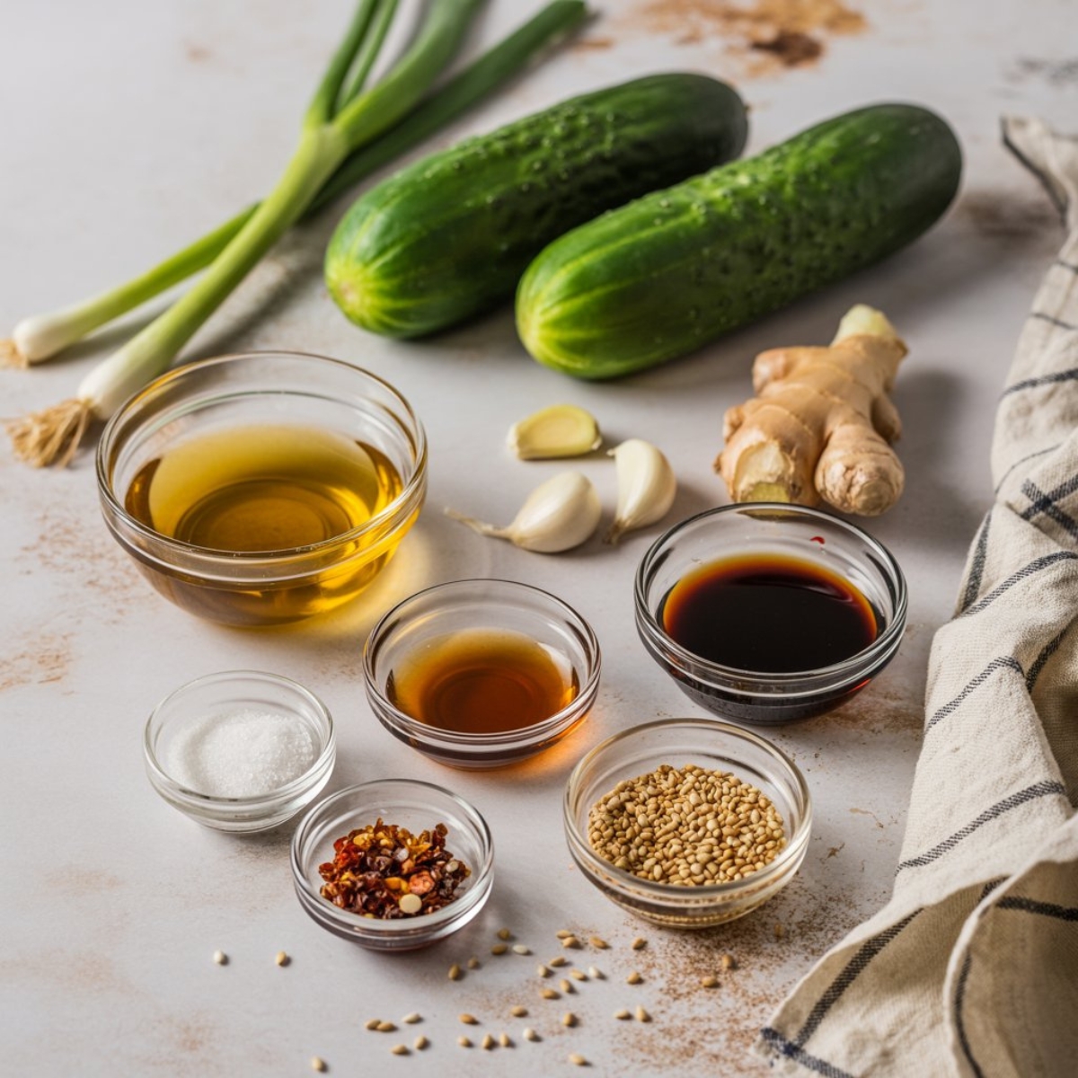 fresh ingredients for cucumber sesame salad on white counter