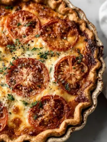 baked Southern Living Tomato Pie on white kitchen counter