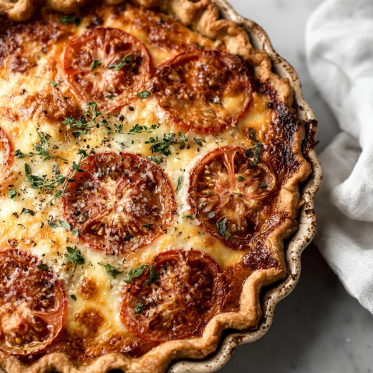 baked Southern Living Tomato Pie on white kitchen counter