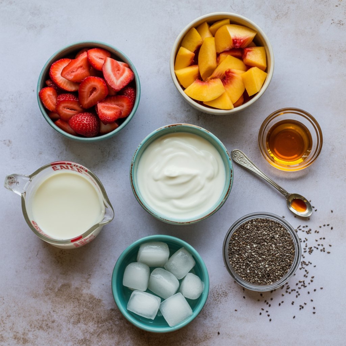 individual bowls with ingredients for strawberry peach smoothie