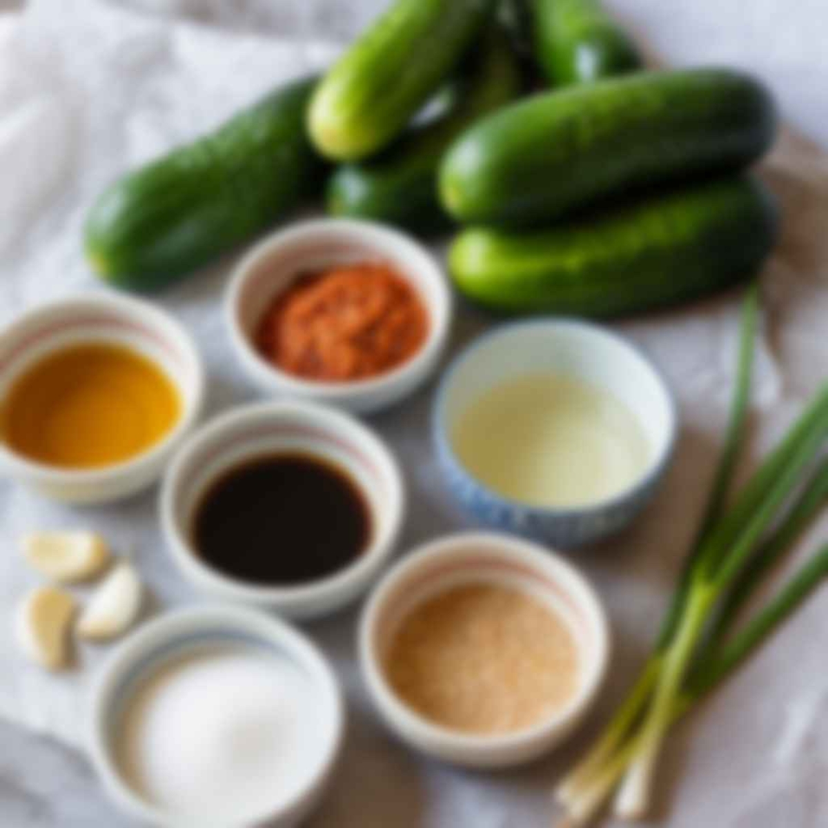 ingredients for Korean cucumber salad recipe on white counter

