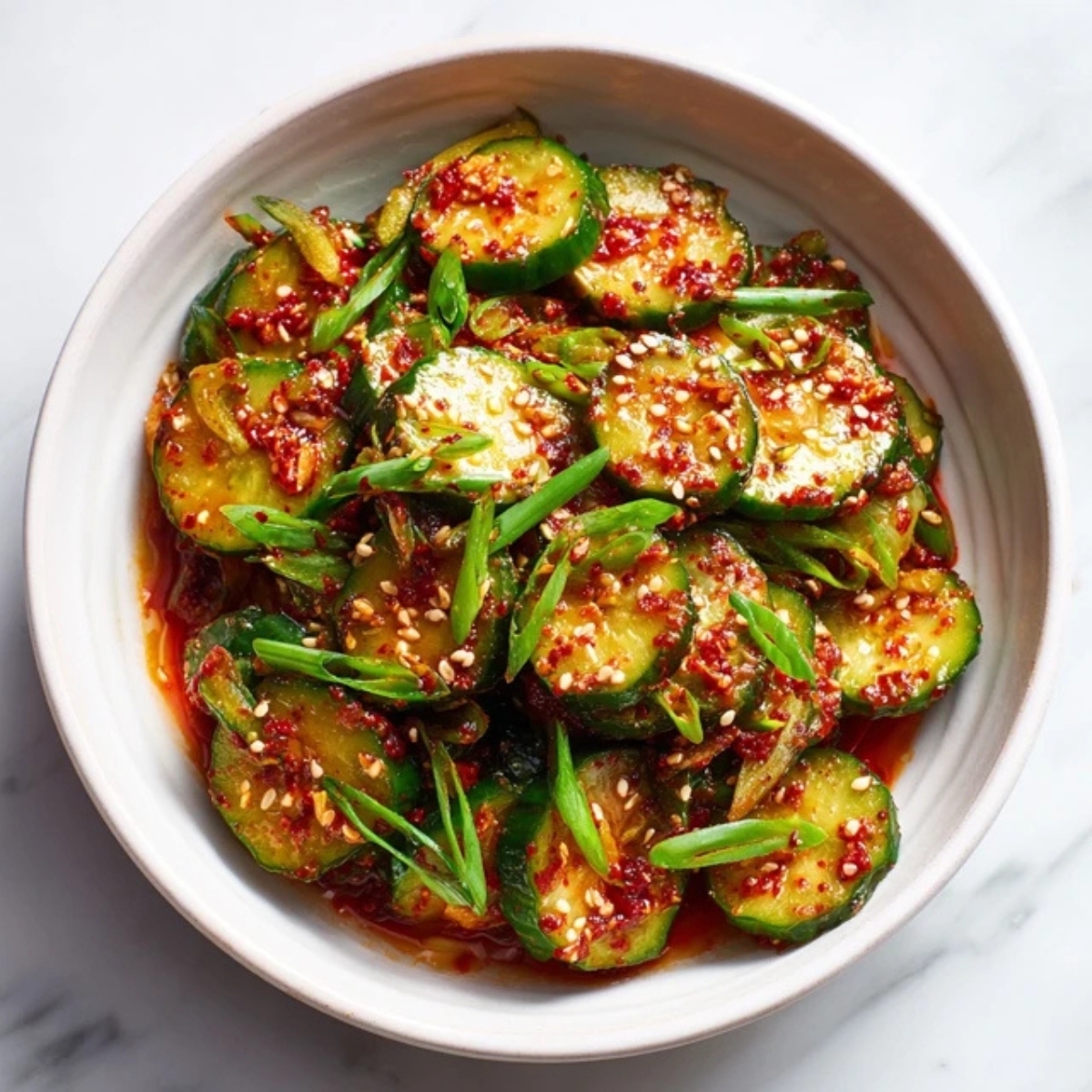 spicy Korean cucumber salad in white bowl with sesame seeds