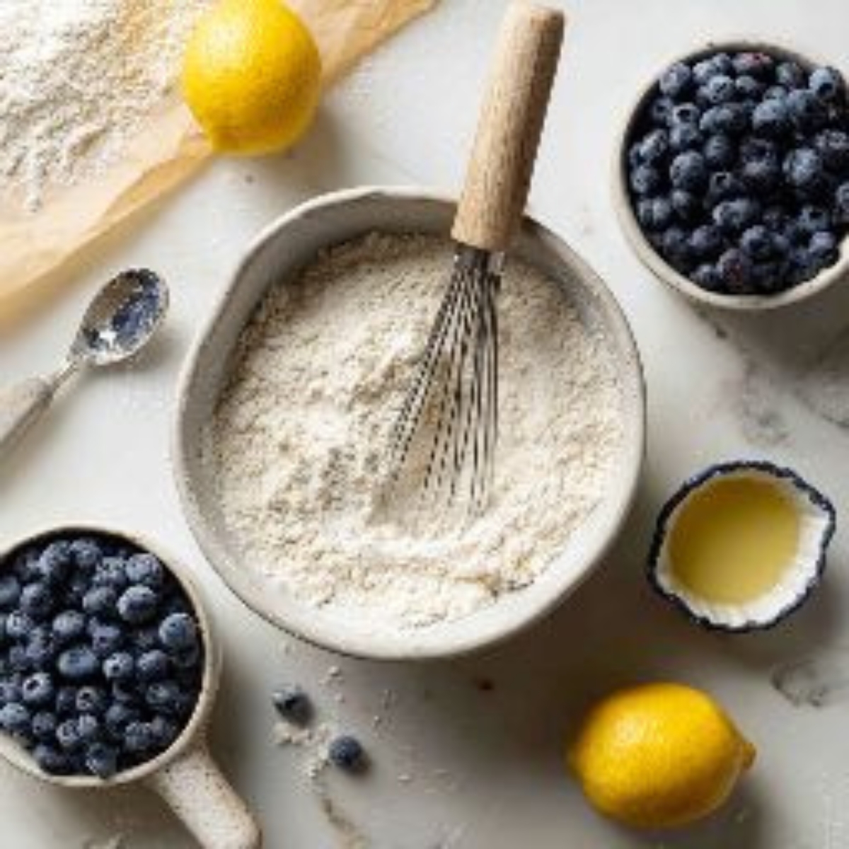 Flour, blueberries, and lemon juice prepped for lemon blueberry cookies

