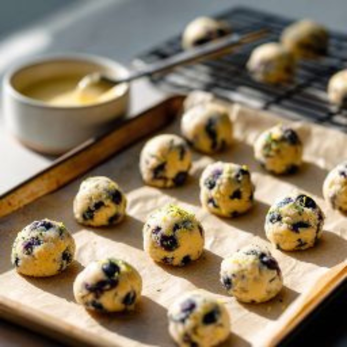 Raw lemon blueberry cookie dough scooped onto baking sheet