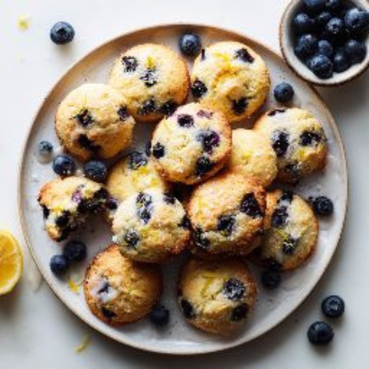 Freshly baked lemon blueberry cookies on a white kitchen counter