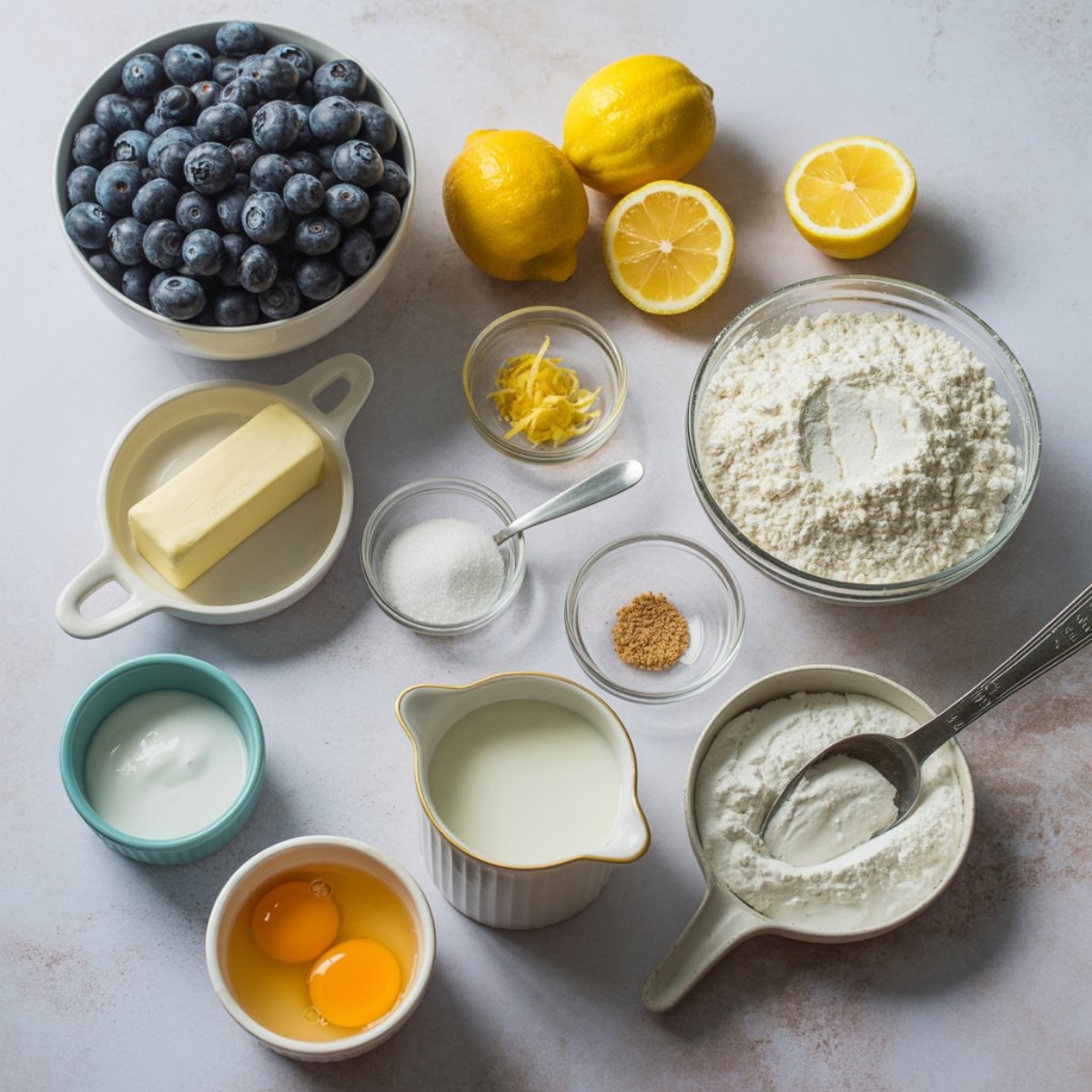 lemon blueberry muffin ingredients on white counter