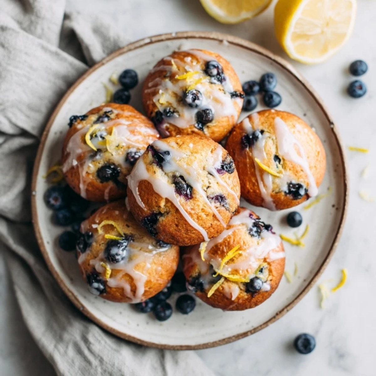 fresh lemon blueberry muffins with glaze on white counter