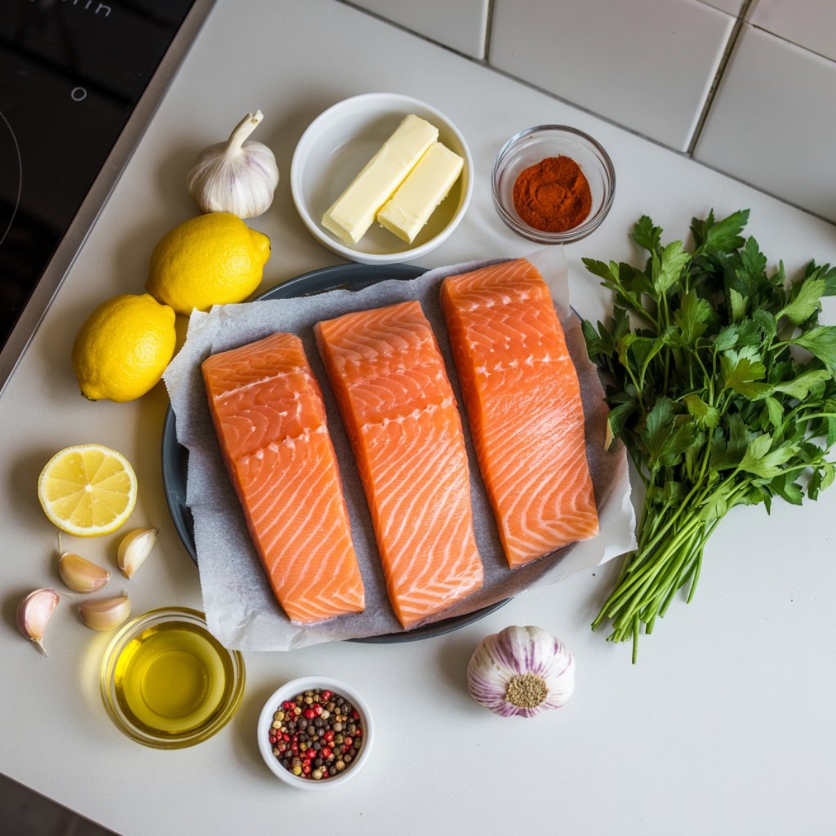 Raw salmon fillets with fresh lemon, garlic, butter, parsley, and spices on a white kitchen counter.