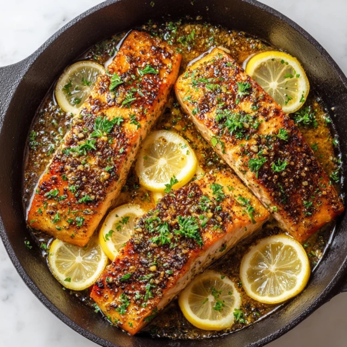Homemade lemon garlic salmon fillets in skillet with lemon slices and parsley.