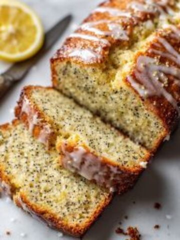 Sliced lemon poppy seed bread with glaze on kitchen counter
