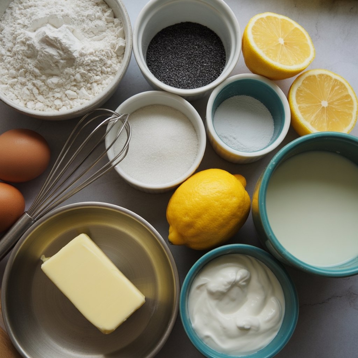 Lemon poppy seed bread ingredients on white counter