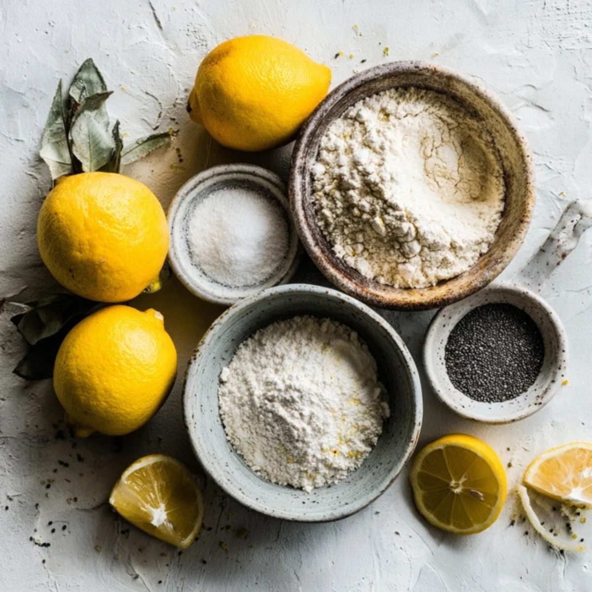 Lemon poppy seed bread ingredients on kitchen counter