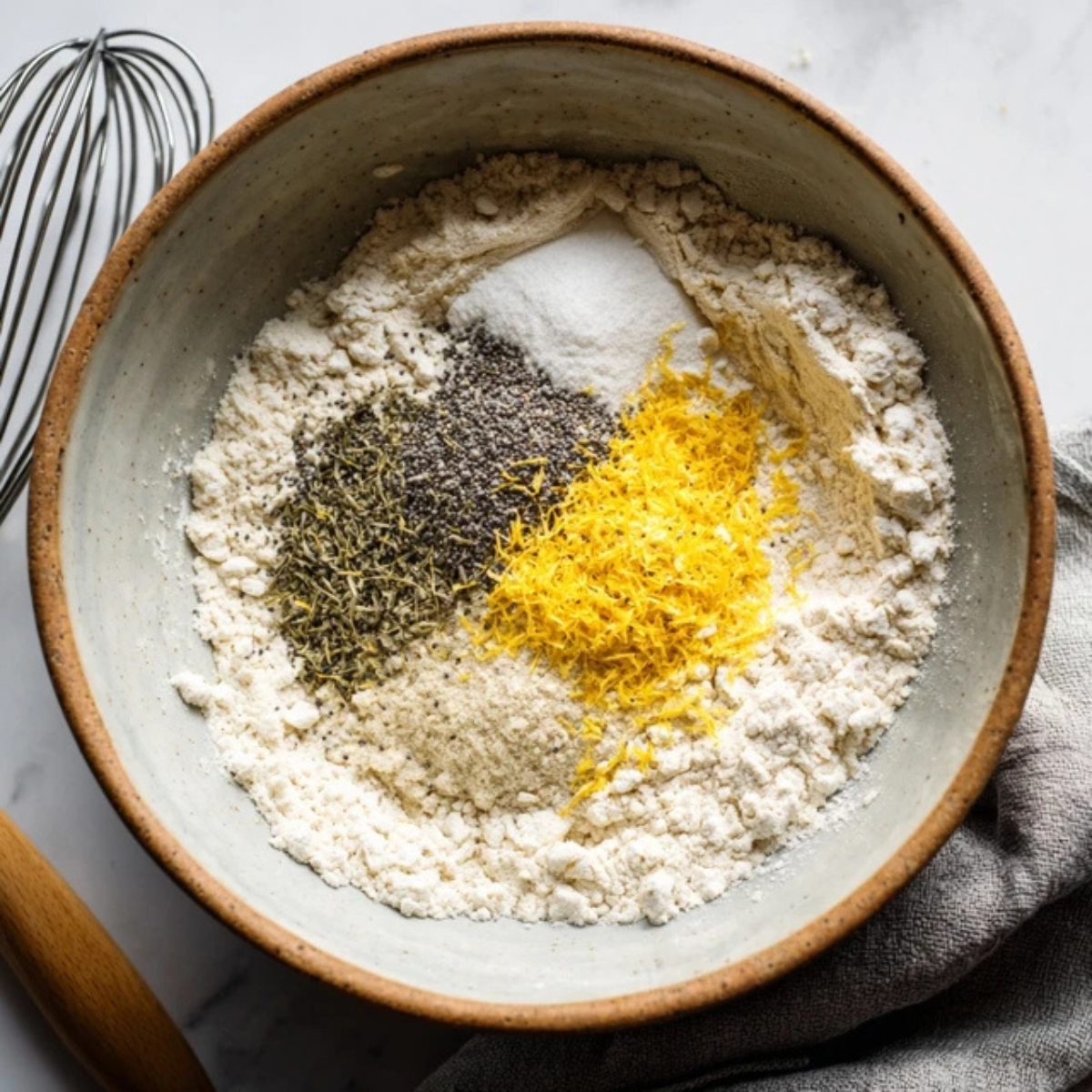 Dry ingredients for lemon poppy seed bread in mixing bowl