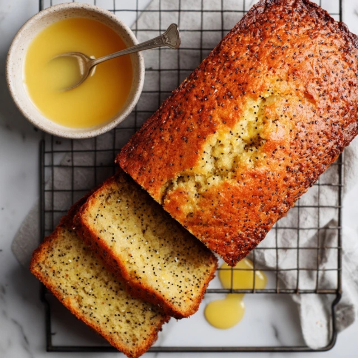 Freshly baked lemon poppy seed bread with lemon glaze