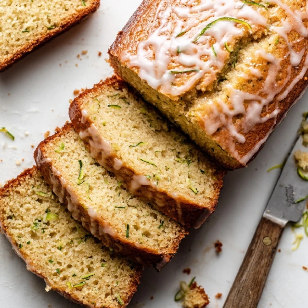 sliced lemon zucchini bread on white counter closeup