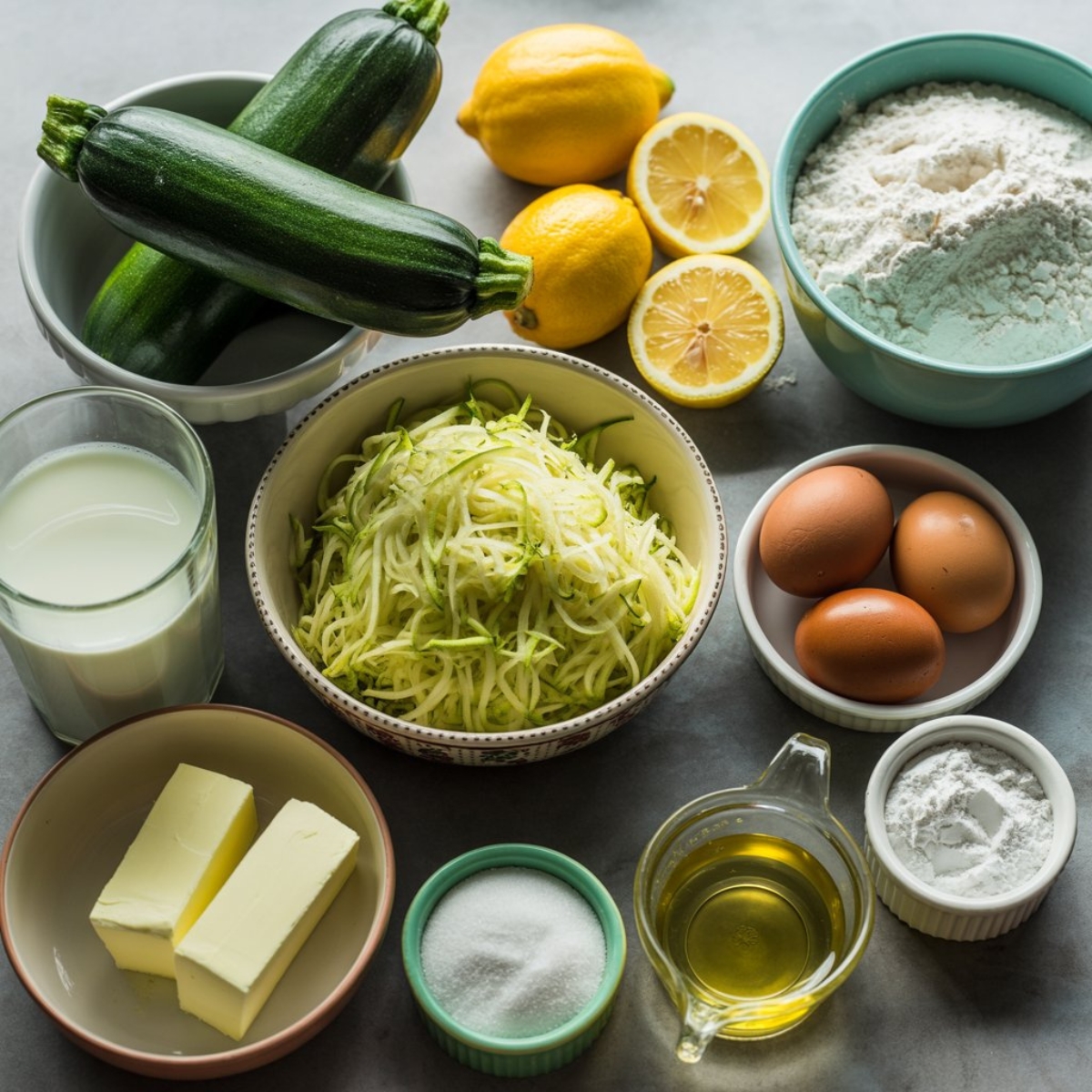 Ingredients for lemon zucchini cake with fresh zucchini and lemons
