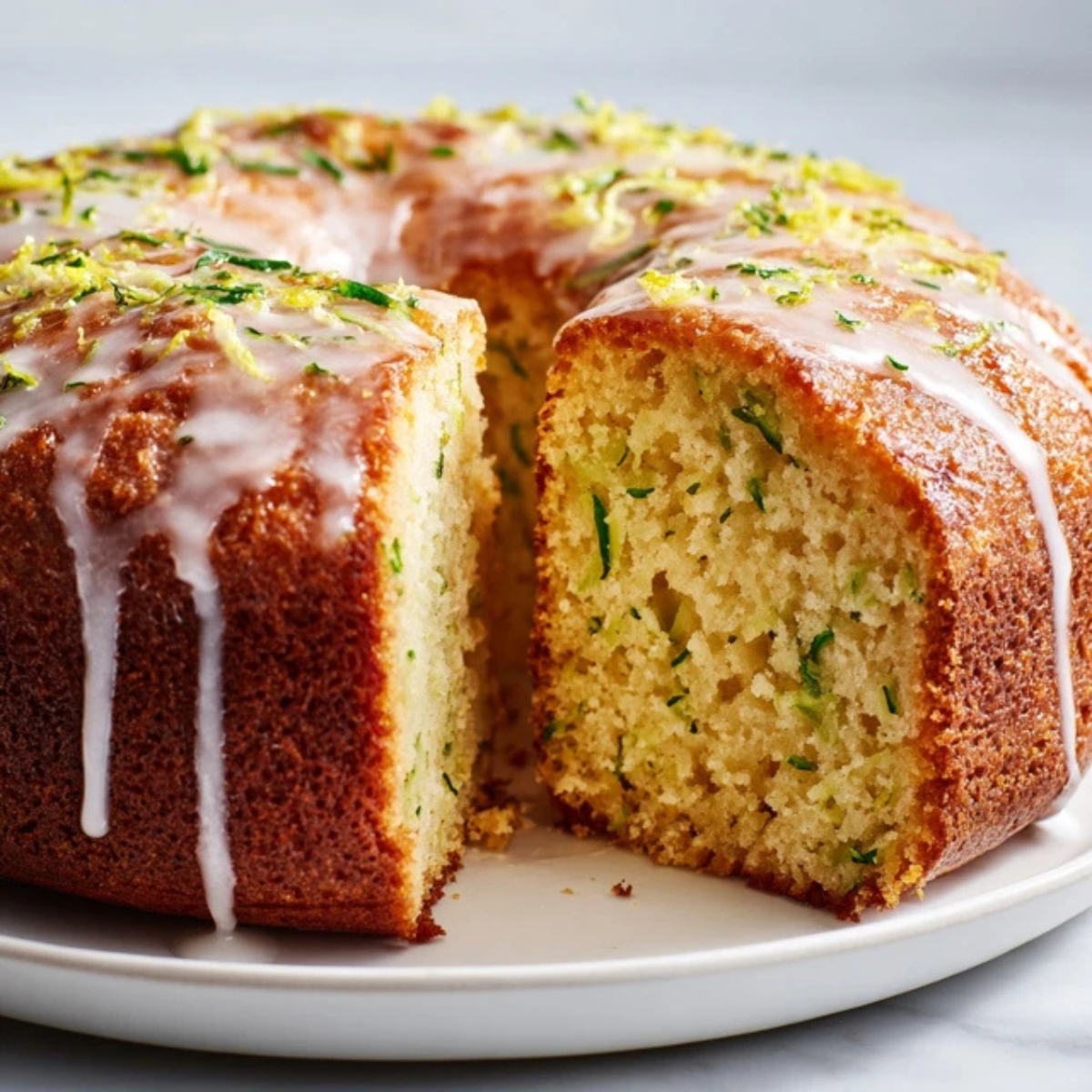 Moist lemon zucchini cake with glaze and zest