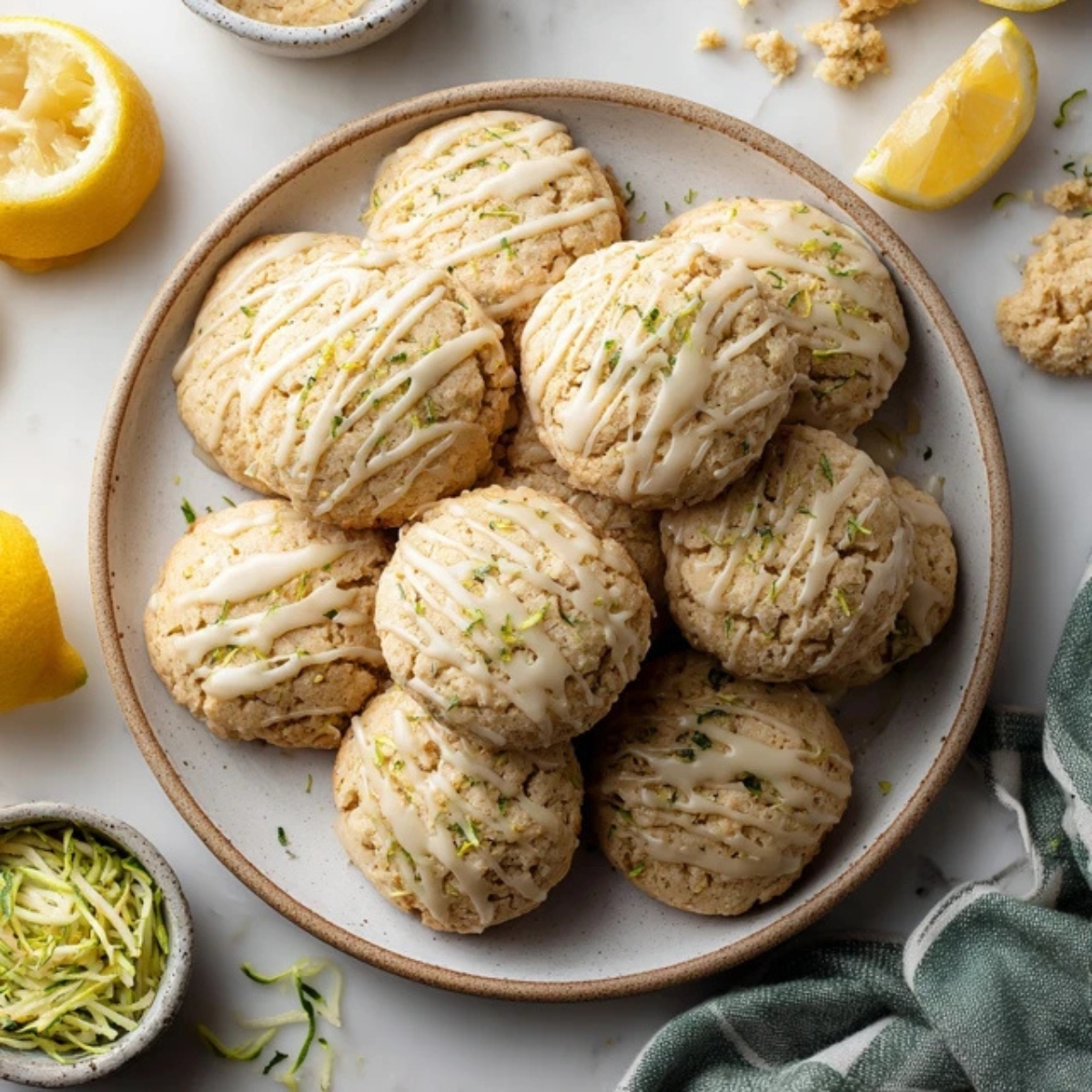 plate of homemade lemon zucchini cookies with glaze