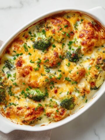 Creamy low carb chicken casserole with broccoli zucchini and cheese