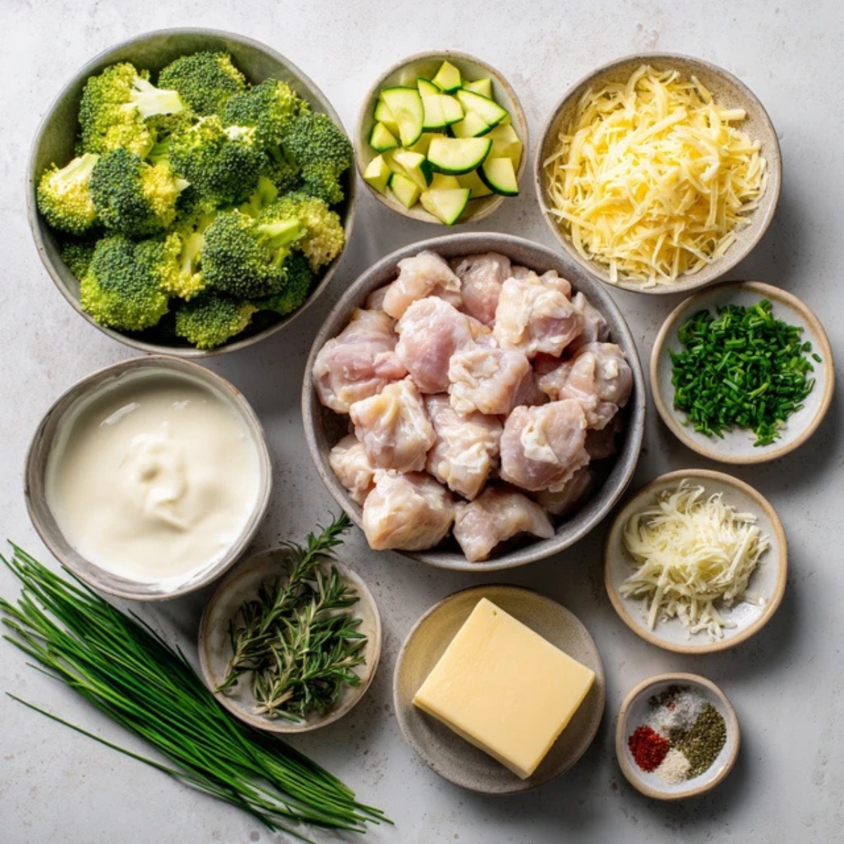 Ingredients for low carb chicken casserole with chicken broccoli zucchini and cheese