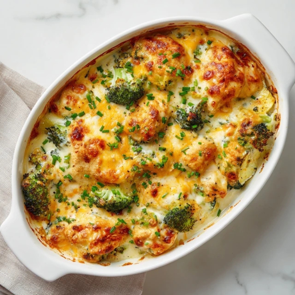 Creamy low carb chicken casserole with broccoli zucchini and cheese