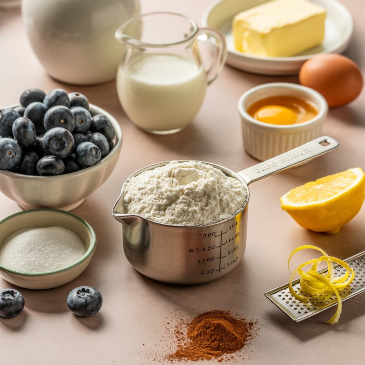 ingredients for mini blueberry muffins with fresh blueberries and flour