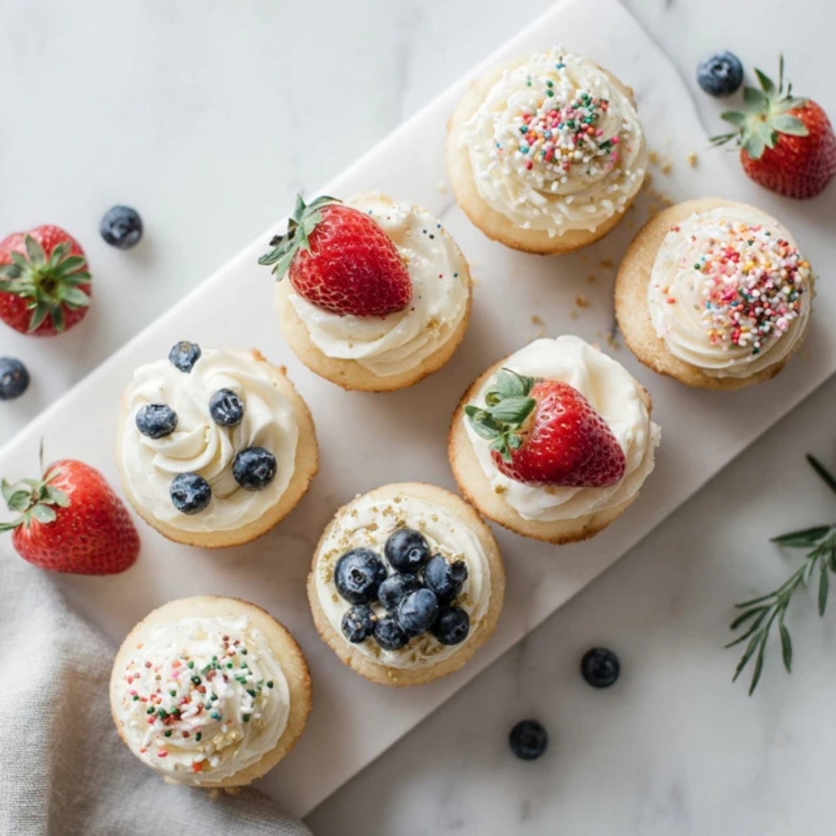 homemade mini cakes with buttercream frosting and sprinkles on white counter