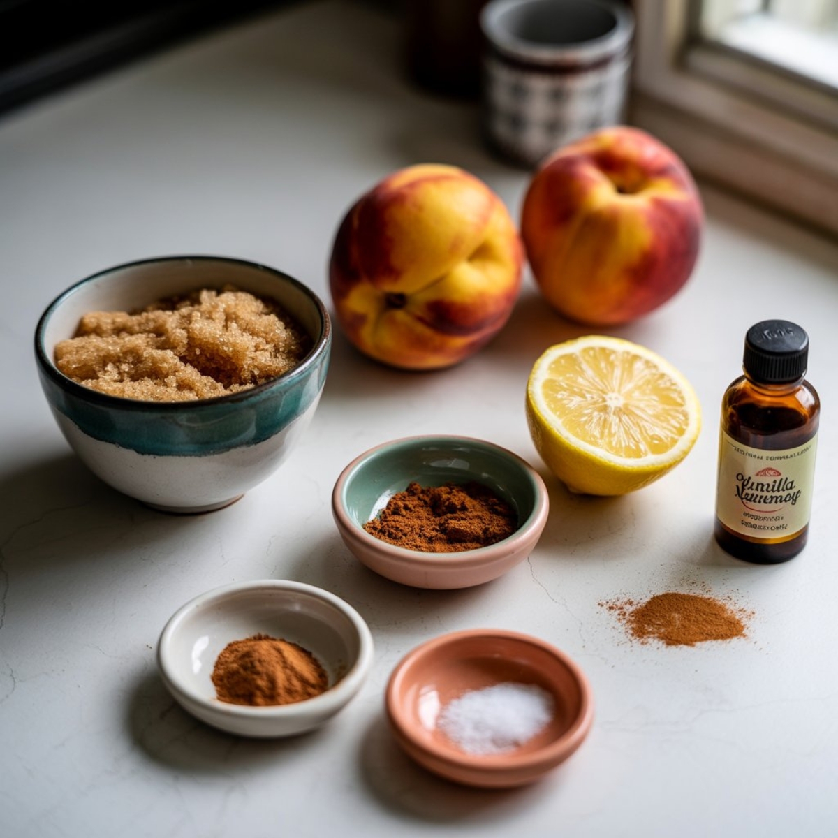 Fresh peaches, spices, and brown sugar laid out for peach butter recipe