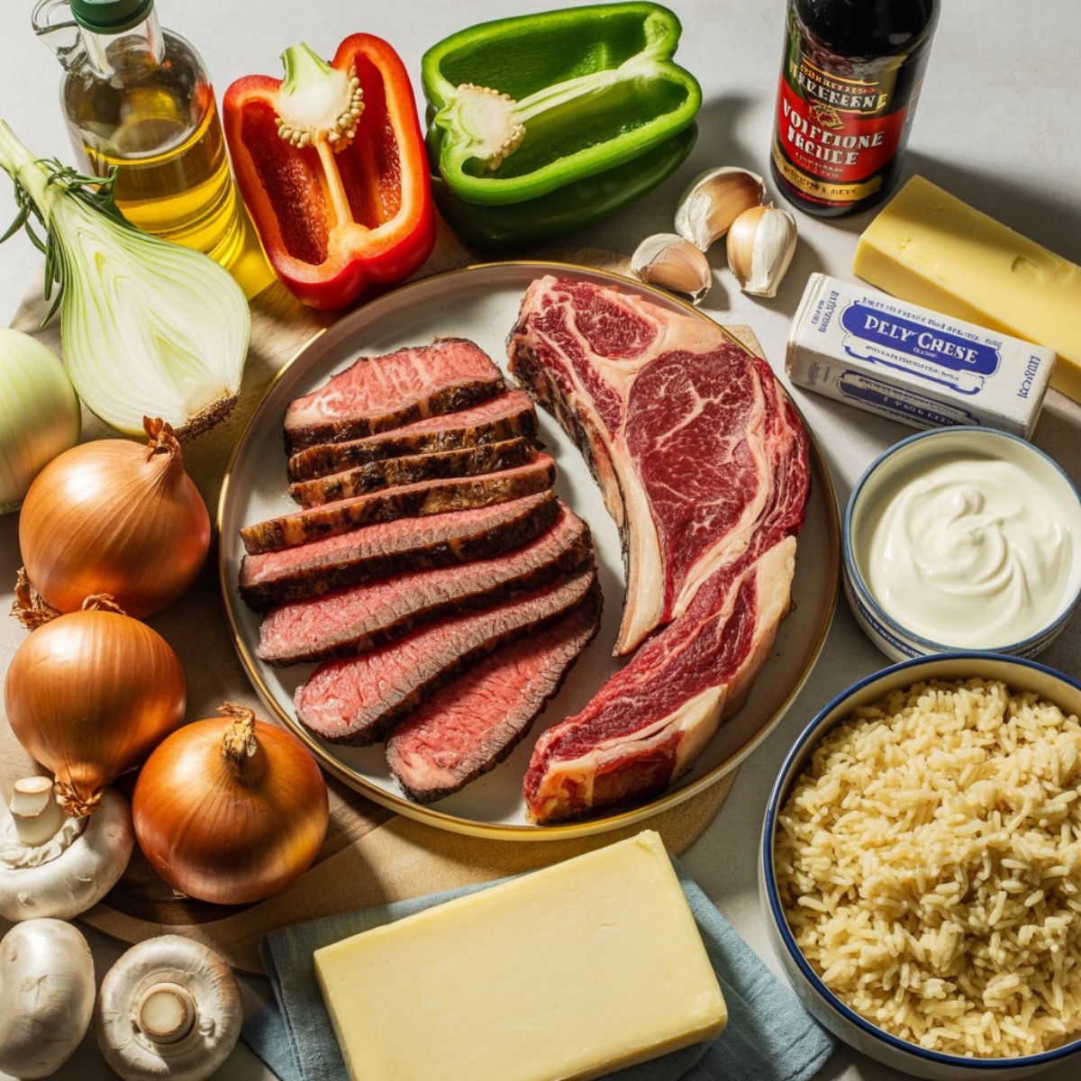 Fresh ingredients for Philly Cheesesteak Bowl including steak, peppers, onions, mushrooms, cheese, and rice.