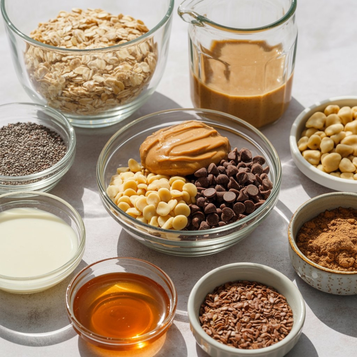 Protein balls recipe ingredients oats, peanut butter, honey, protein powder, and mix-ins on white counter