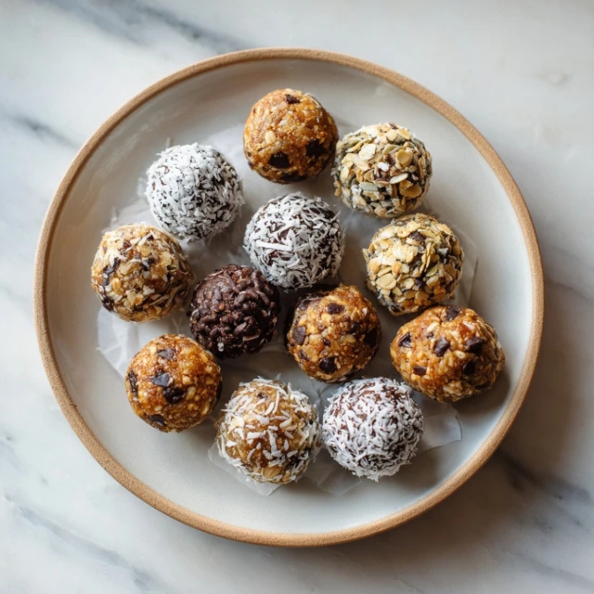 Homemade protein balls with oats, chocolate chips, and coconut on white counter