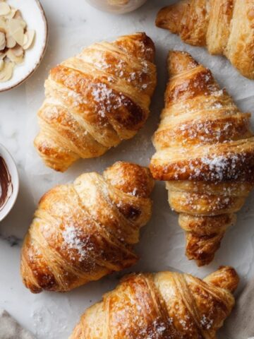 golden flaky puff pastry croissants on white counter