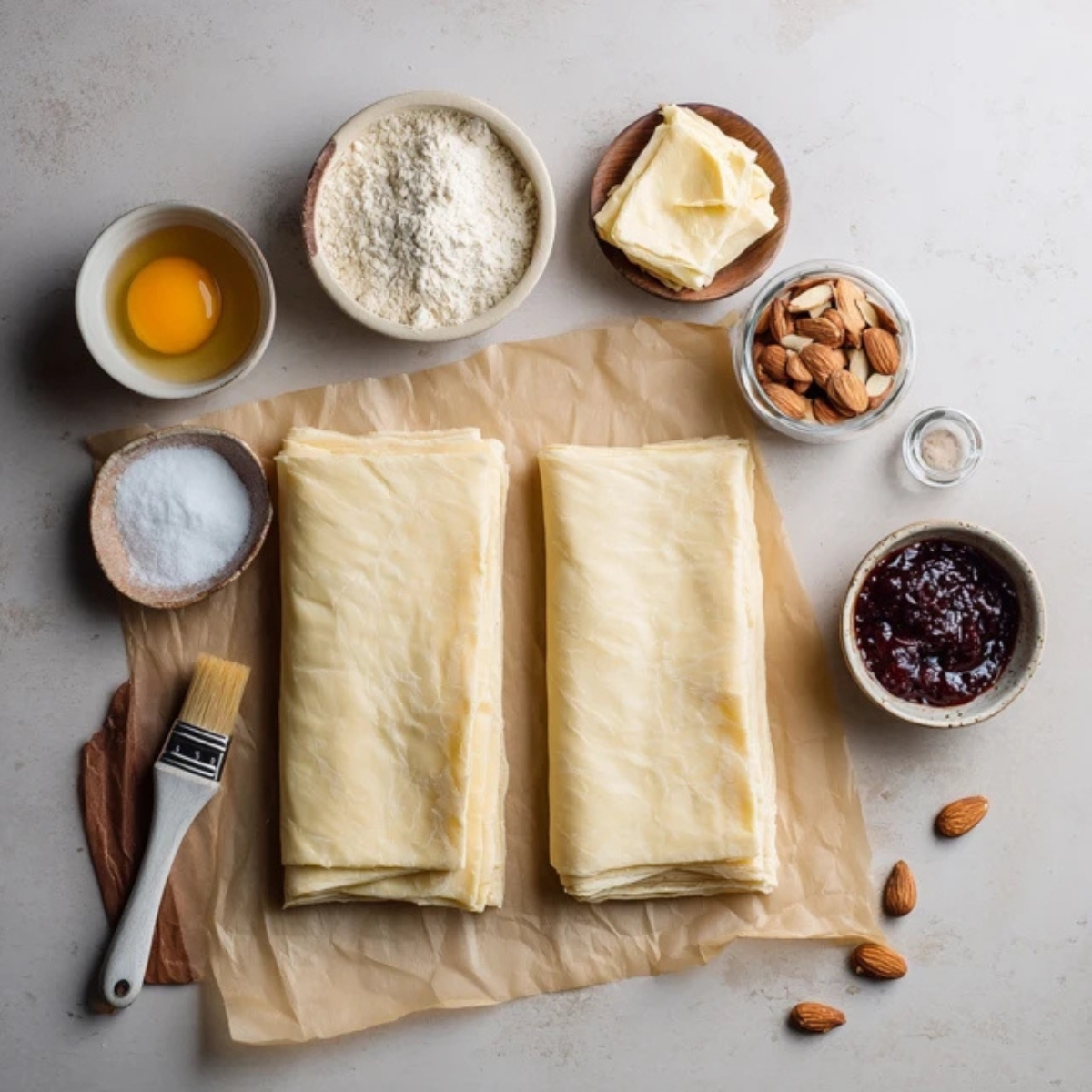puff pastry croissant ingredients flat lay on white counter