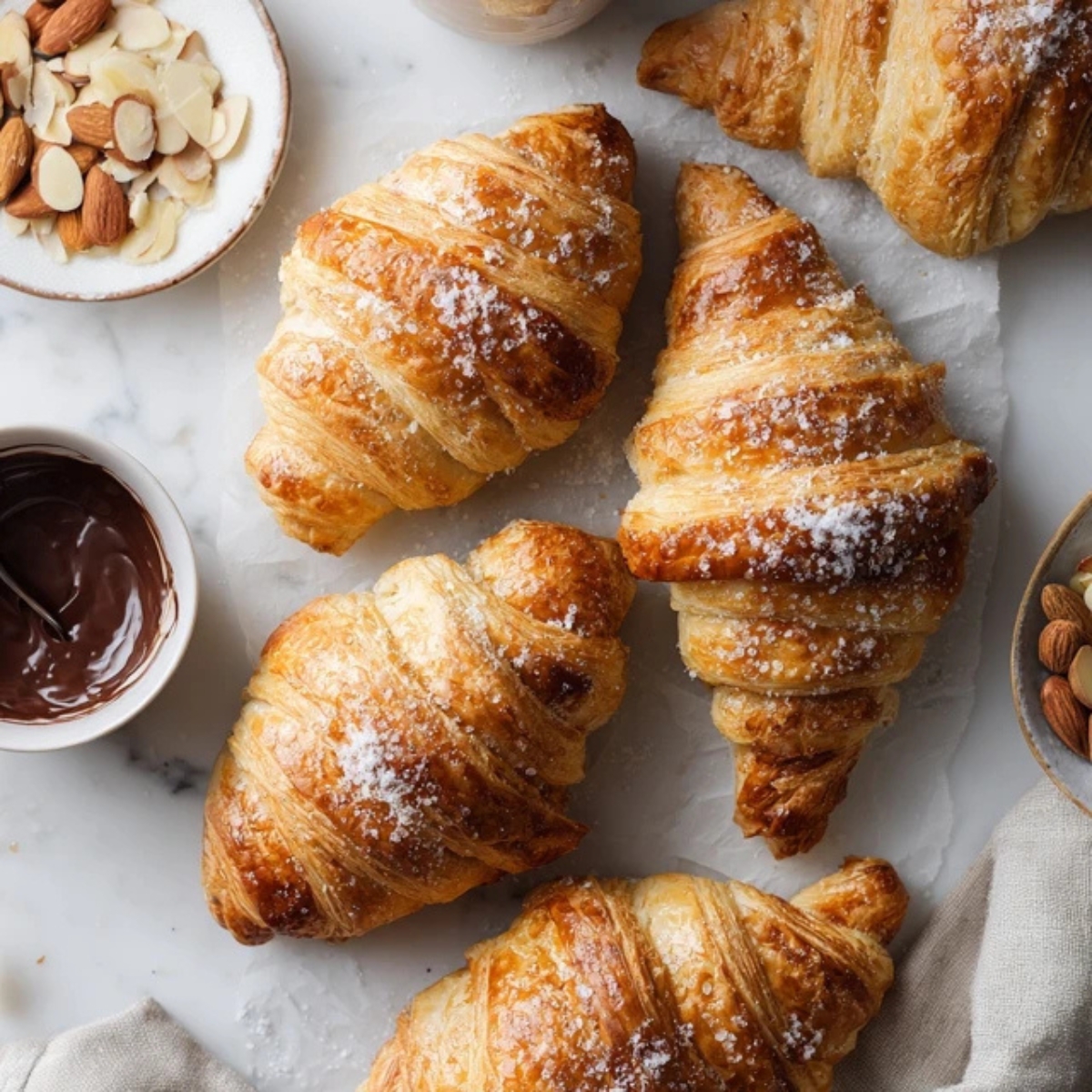 golden flaky puff pastry croissants on white counter