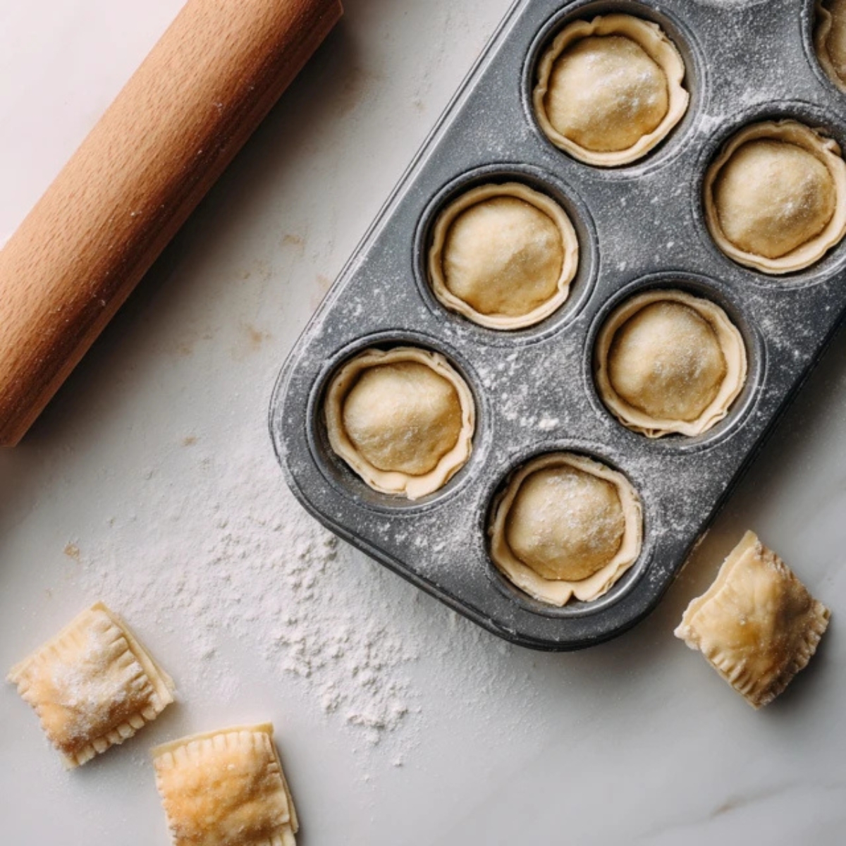 Unbaked puff pastry cups in muffin tin on white counter

