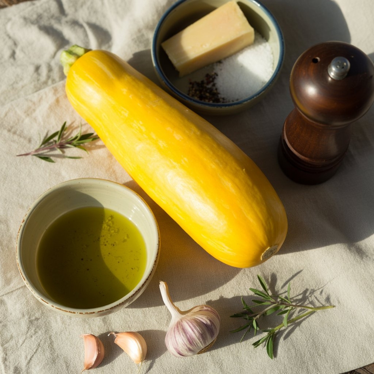  roasted yellow squash recipe ingredients on white counter