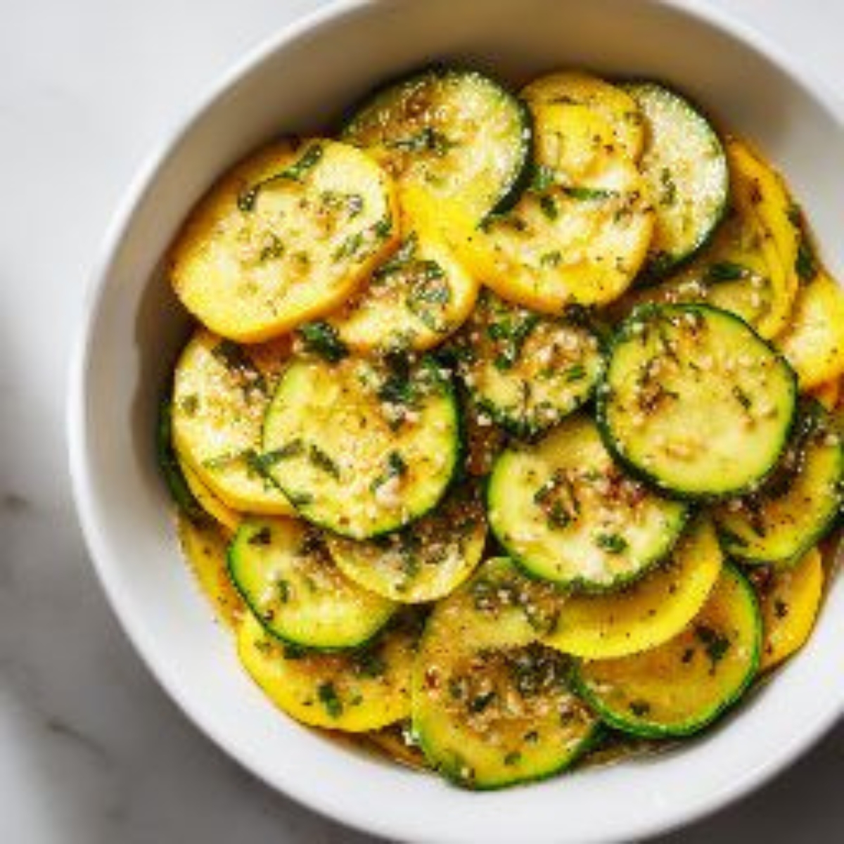  seasoned yellow squash slices in mixing bowl