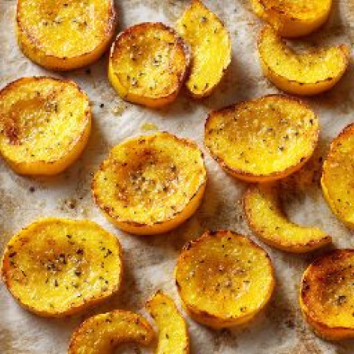 roasted yellow squash slices with golden edges
