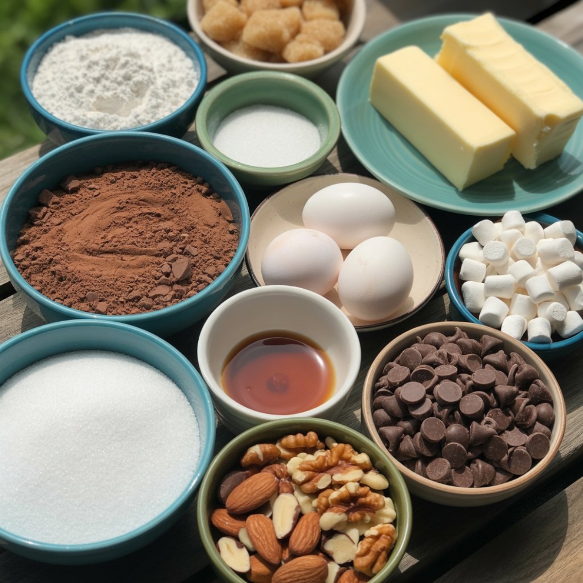 rocky road cookies ingredients with chocolate chips marshmallows and nuts on counter