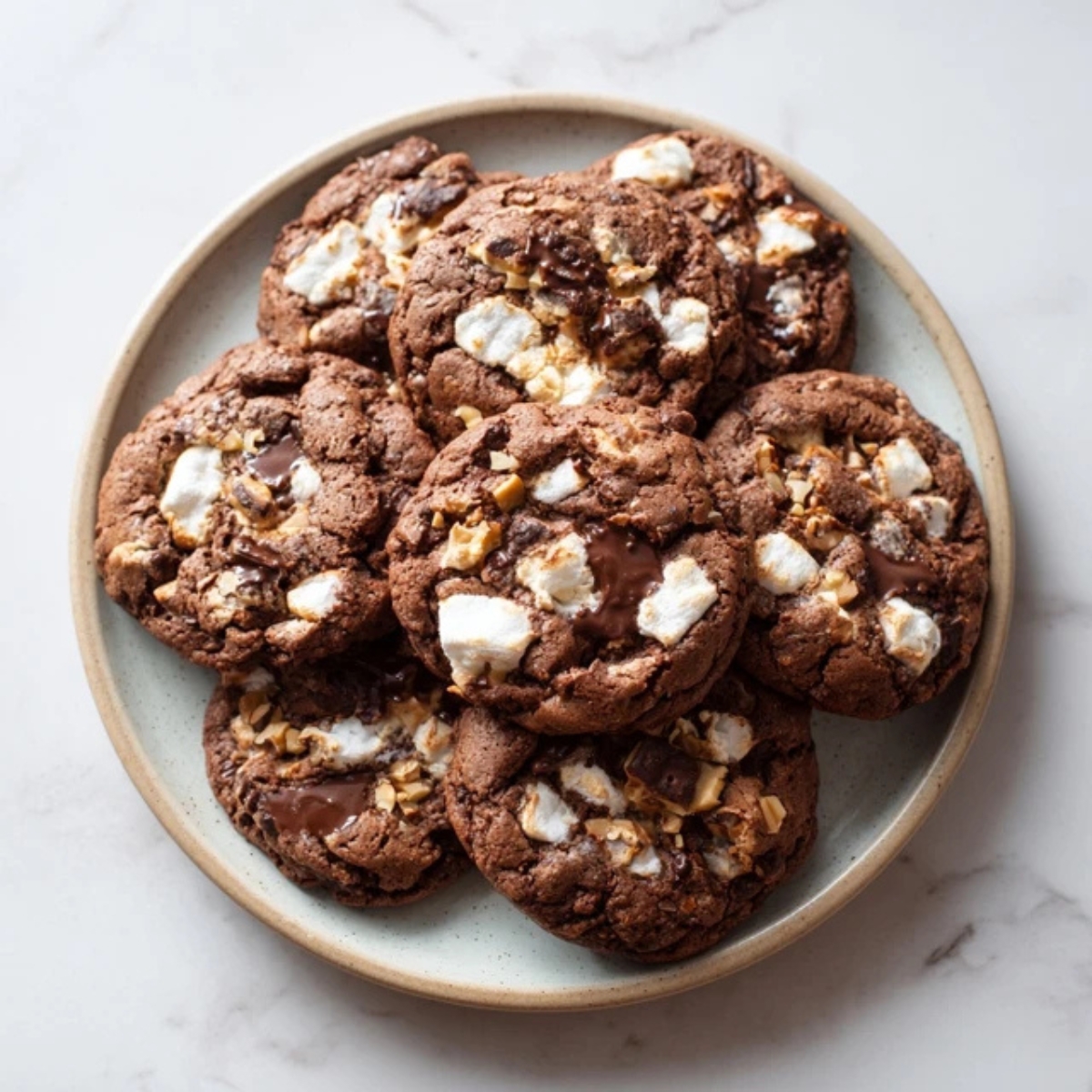 gooey rocky road cookies with marshmallows and nuts on plate