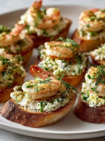 Shrimp crostini topped with garlic shrimp and herbs on a white platter