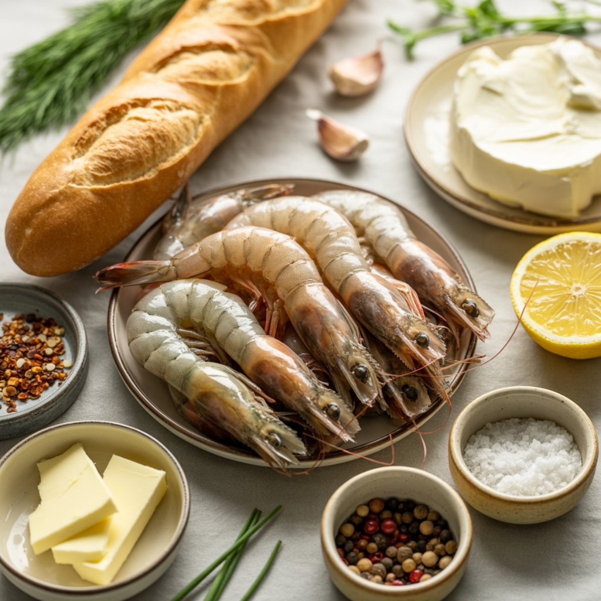 Shrimp crostini ingredients laid out naturally on a white kitchen counter

