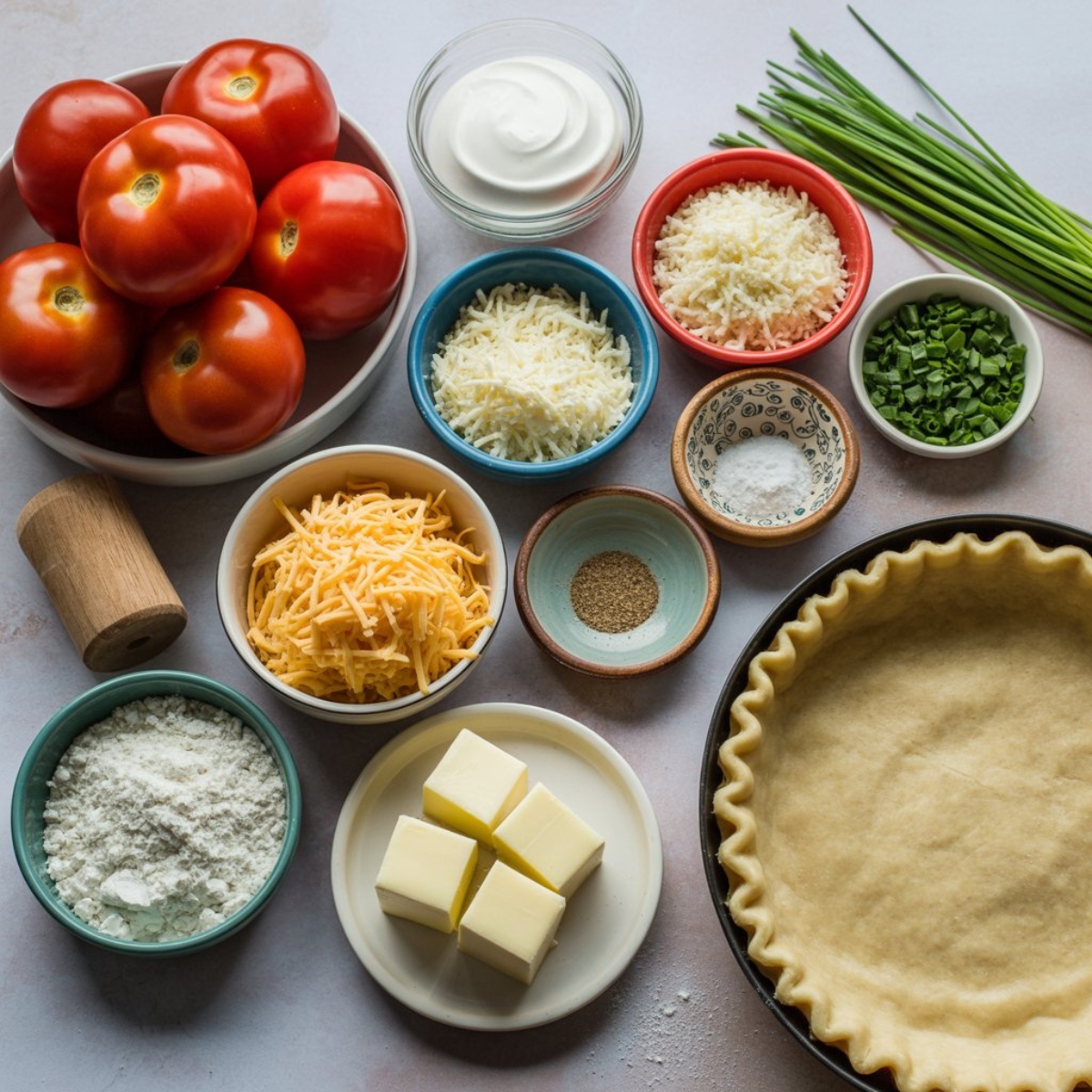 tomato pie ingredients on white kitchen counter