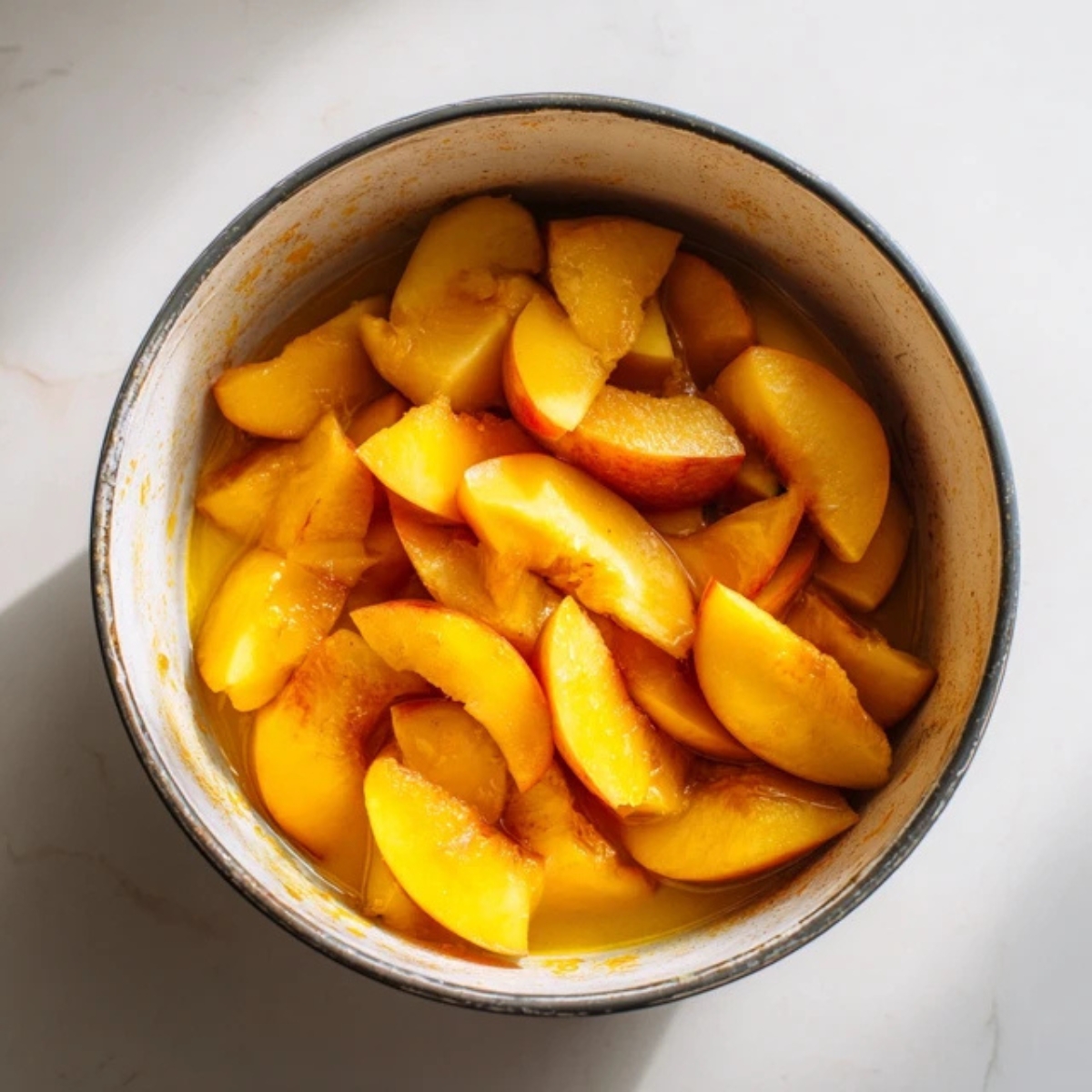 Chopped fresh peaches in a pot with lemon juice on white counter
