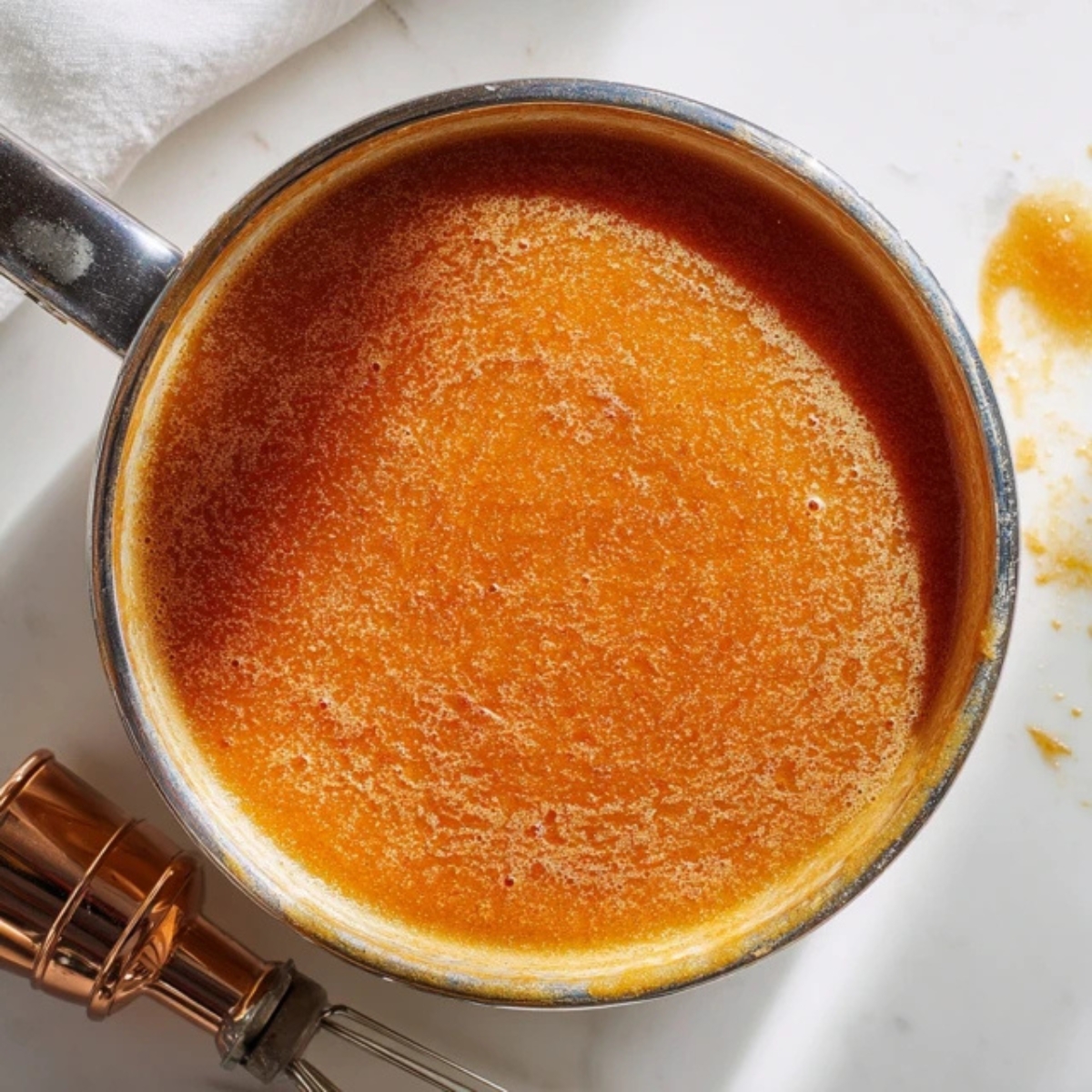 Smooth golden peach butter in pot after blending

